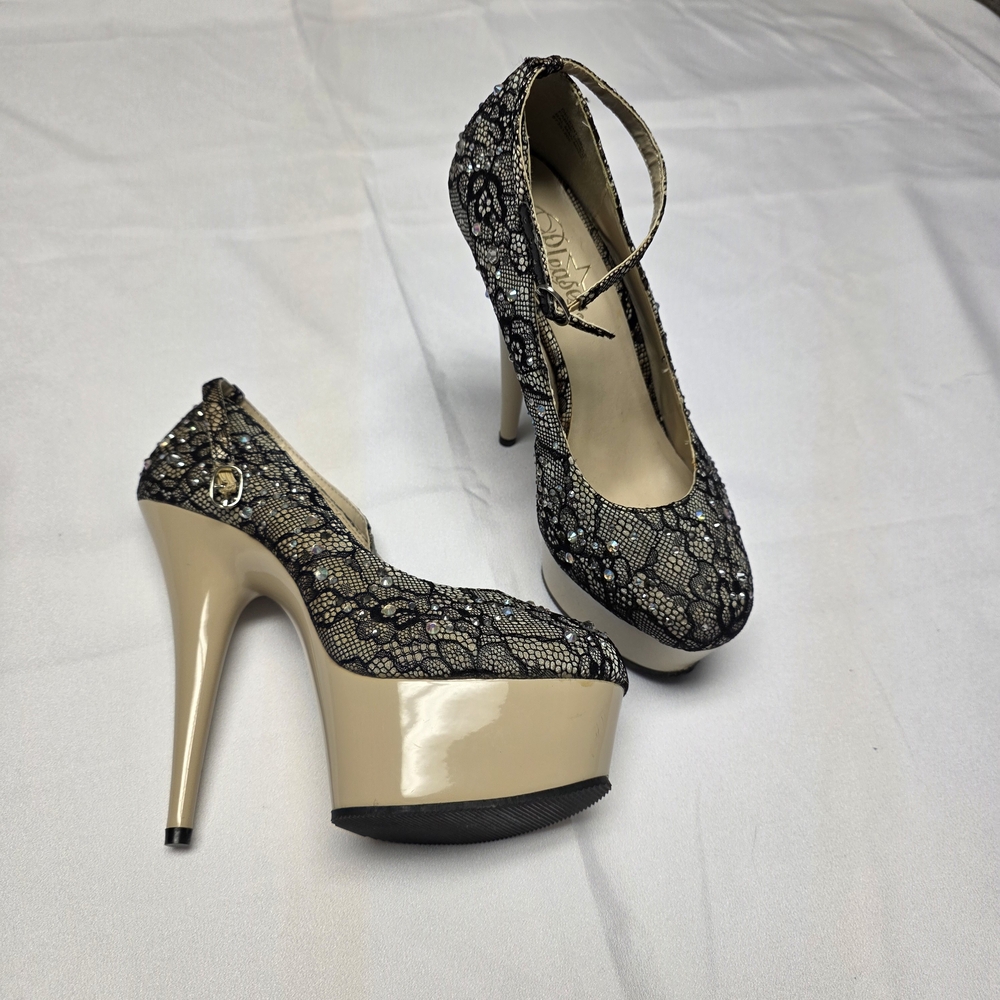 Pleaser Black Lace Platform Pumps with Beige Patent Platform